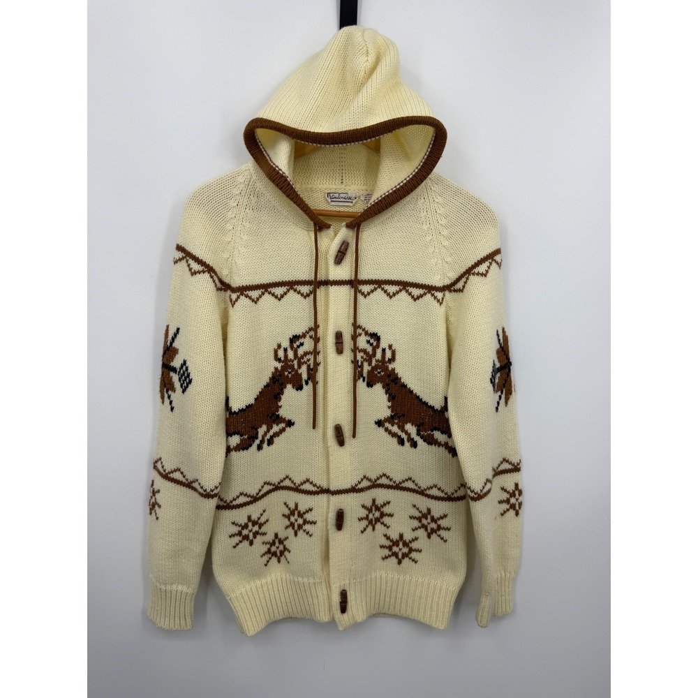 Vtg Landmare Reindeer Nordic Knit Cardigan Sweater Mens S Cream Toggle Hooded